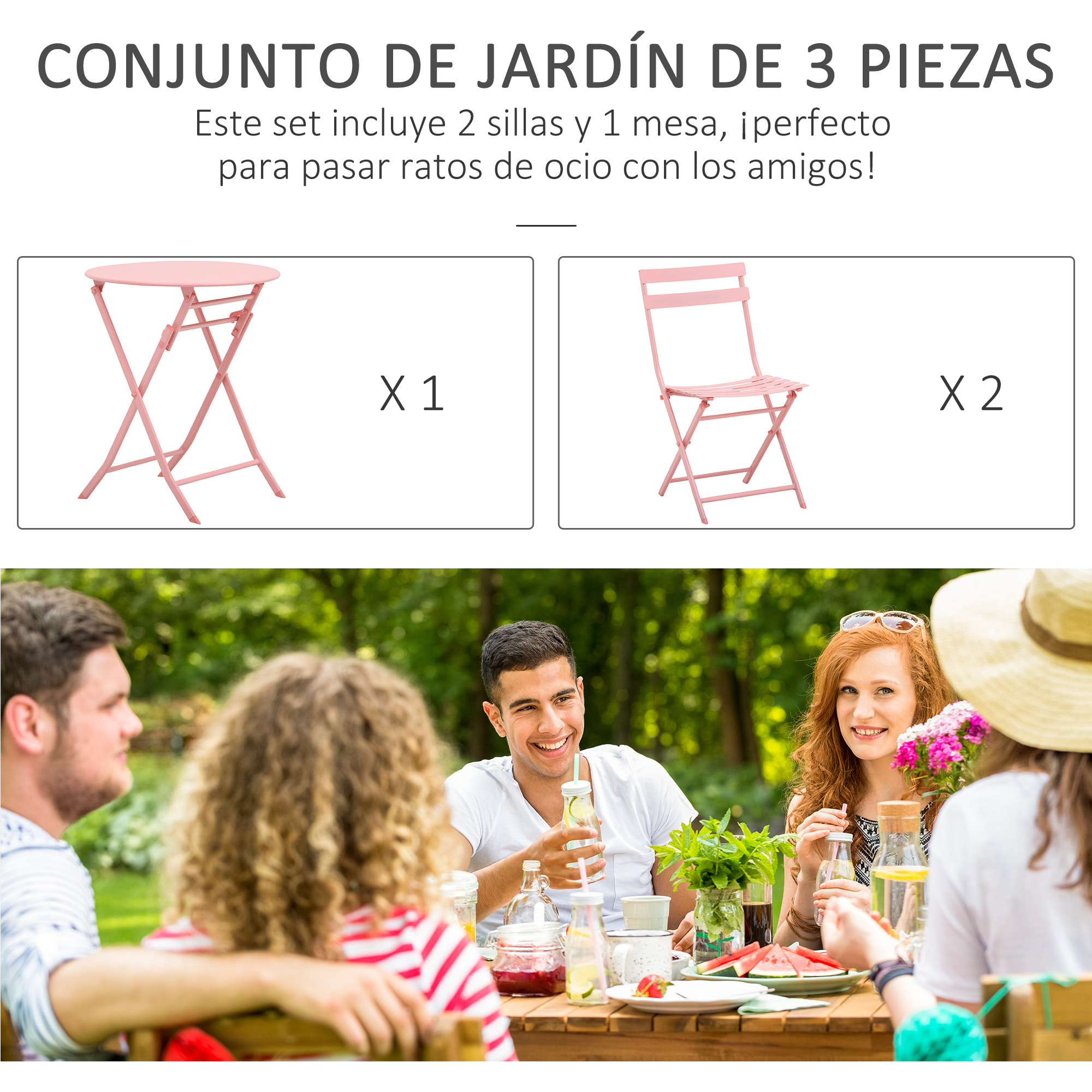 Conjunto de Muebles de Jardín Plegable Juego de 1 Mesa Redonda y 2 Sillas de Terraza con Marco de Acero y Respaldo para Balcón Patio Rosa