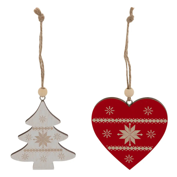 Lot de 2 sujets cœur rouge et sapin beige bois H.8cm