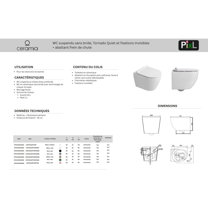 PixL WC suspendu en céramique Tornado Quiet Flush, fixations invisibles + abattant Soft-Close, Blanc brillant (CEPX010RTORP)
