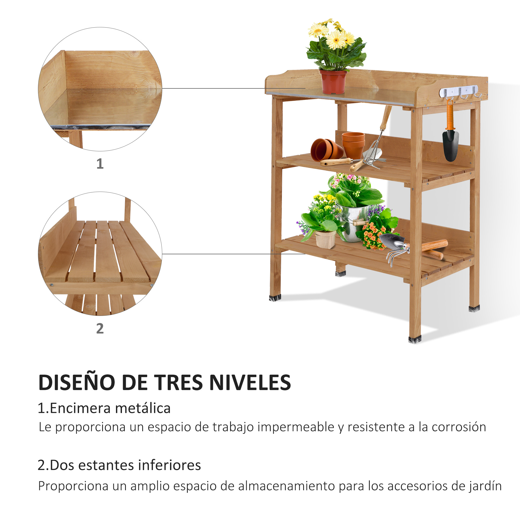 Mesa de Plantación de Madera de 3 Niveles Mesa de Jardinería con Placa Metálica 2 Estantes y Ganchos Resistente a la Intemperie para Jardín Terraza Balcón 76x37x89 cm Natural
