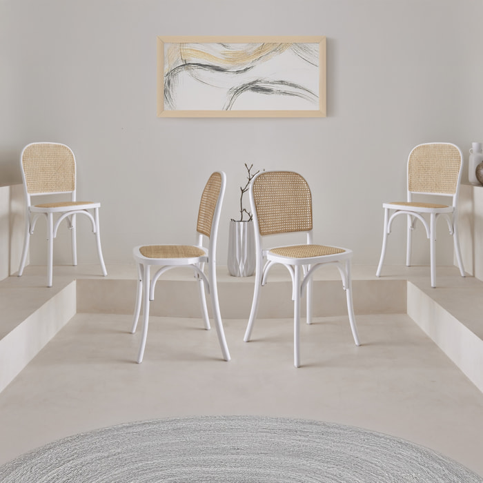Lot de 4 chaises vintage en bois avec assise et dossier en rotin. coloris blanc. L 44.5 x P 48 x H 89.5cm