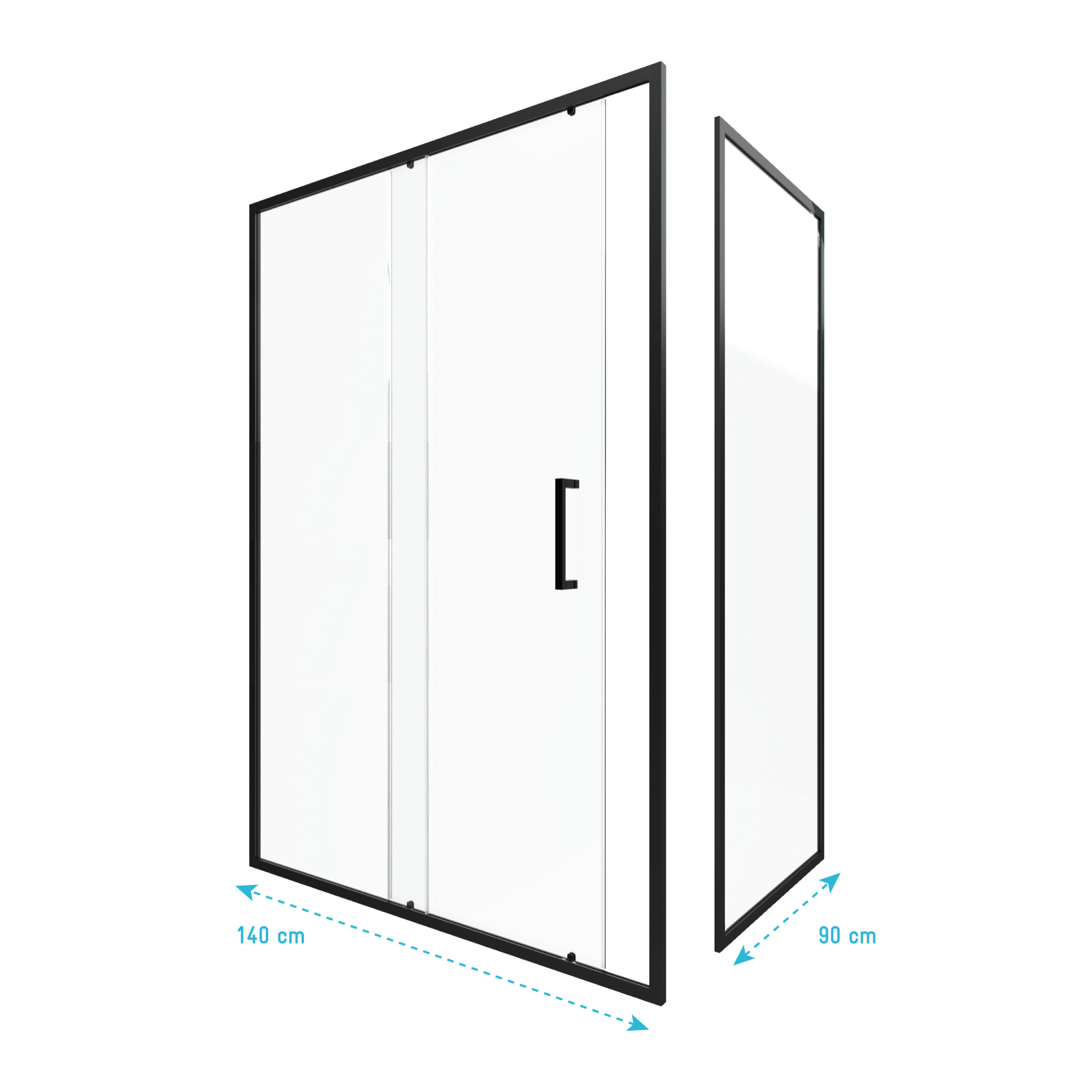 Porte de douche + Retour 140x90x200 cm - Verre 6 mm - Profilé Noir - CRUSH