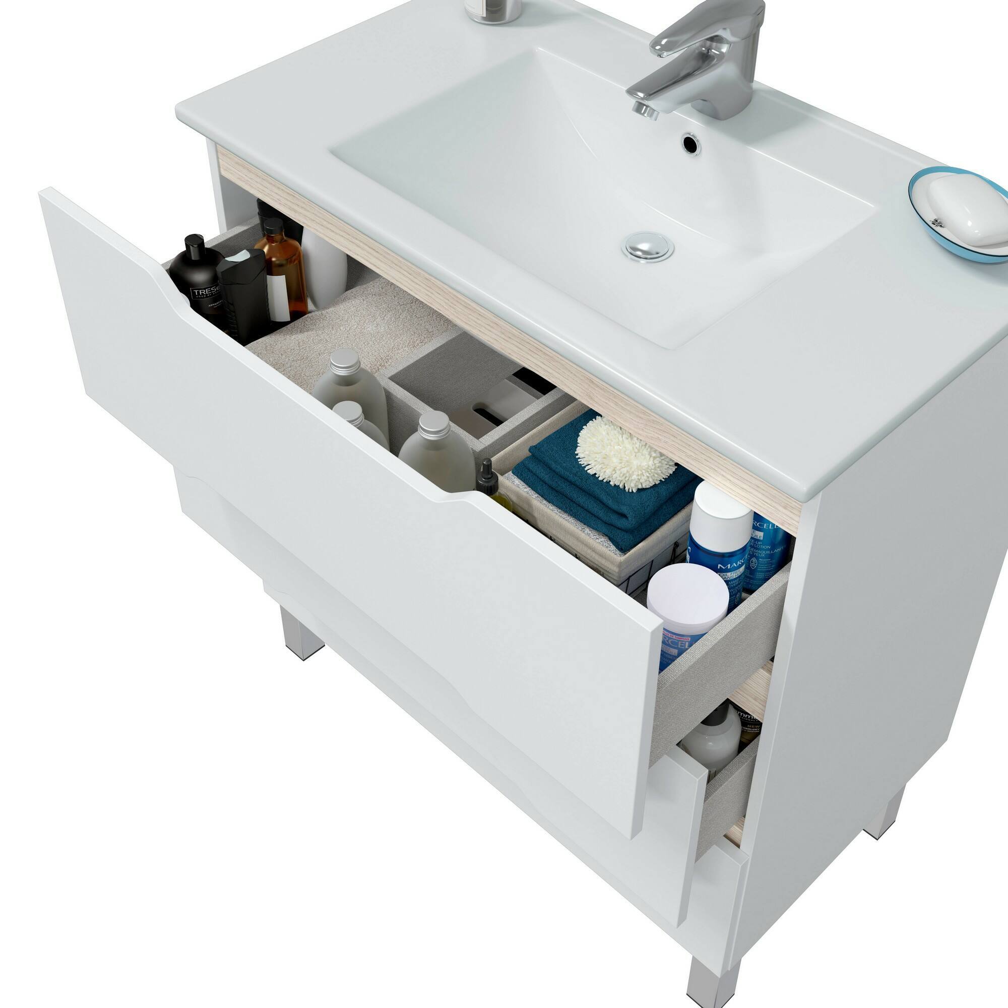 Mobile sottolavabo Dianmu, Mobiletto da bagno, Contenitore porta lavabo, Armadio per lavandino, 80x45 h86 cm, Bianco lucido e Rovere