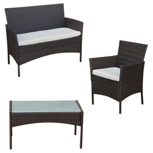 Salon de jardin CORFOU en résine tressée marron 4 places - coussins beige