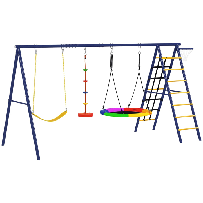 Columpios para Niños de +3 Años 6 en 1 Columpios Jardín Exterior con Columpio Nido Cuerda con Disco Red para Escalar Escalera y Aro de Baloncesto Multicolor