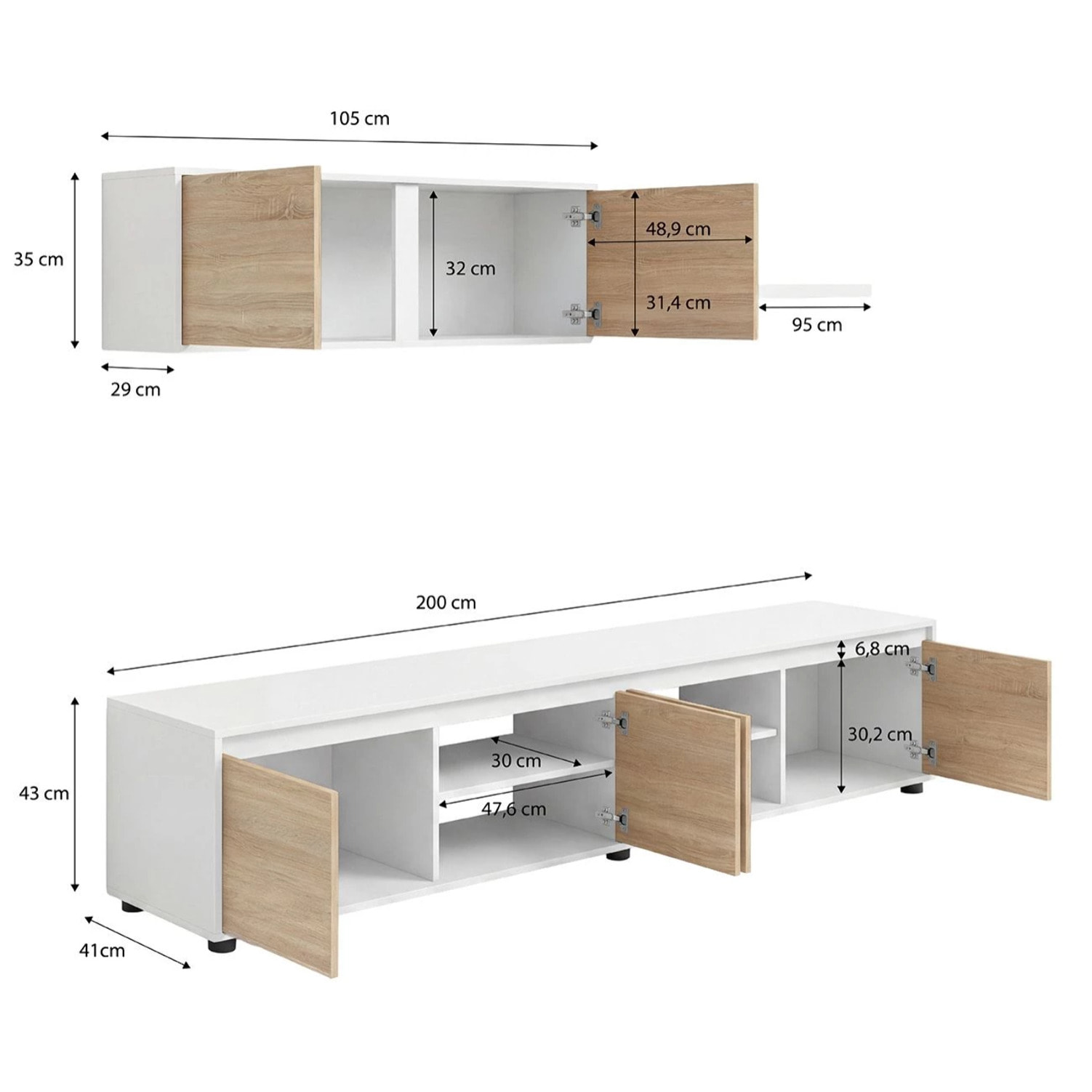 Salón con mueble de TV y estantería en blanco artik y roble canadian 200 cm Arlet Blanco Artik (Blanco Mate) - Roble Canadian