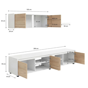 Salón con mueble de TV y estantería en blanco artik y roble canadian 200 cm Arlet Blanco Artik (Blanco Mate) - Roble Canadian