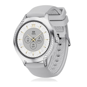 DAM Smartwatch T214 compacto y elegante. Llamadas BT, notificaciones push. Monitor de salud, ciclos femeninos. Modos deportivos. 4,1x1,1x4 Cm. Color: Plata