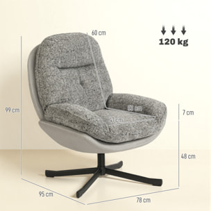 Sillón Giratorio Moderno, Butaca de Salón con Base Cruz, Tapizado en Chenilla y Cuero PU, Asiento Ancho Doble, Patas de Acero y Reposabrazos, Sillón Relax para Sala de Estar, Dormitorio, Gris