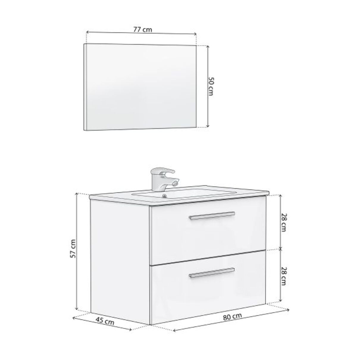 Mueble de baño con espejo Feel 2 cajones Blanco Brillo