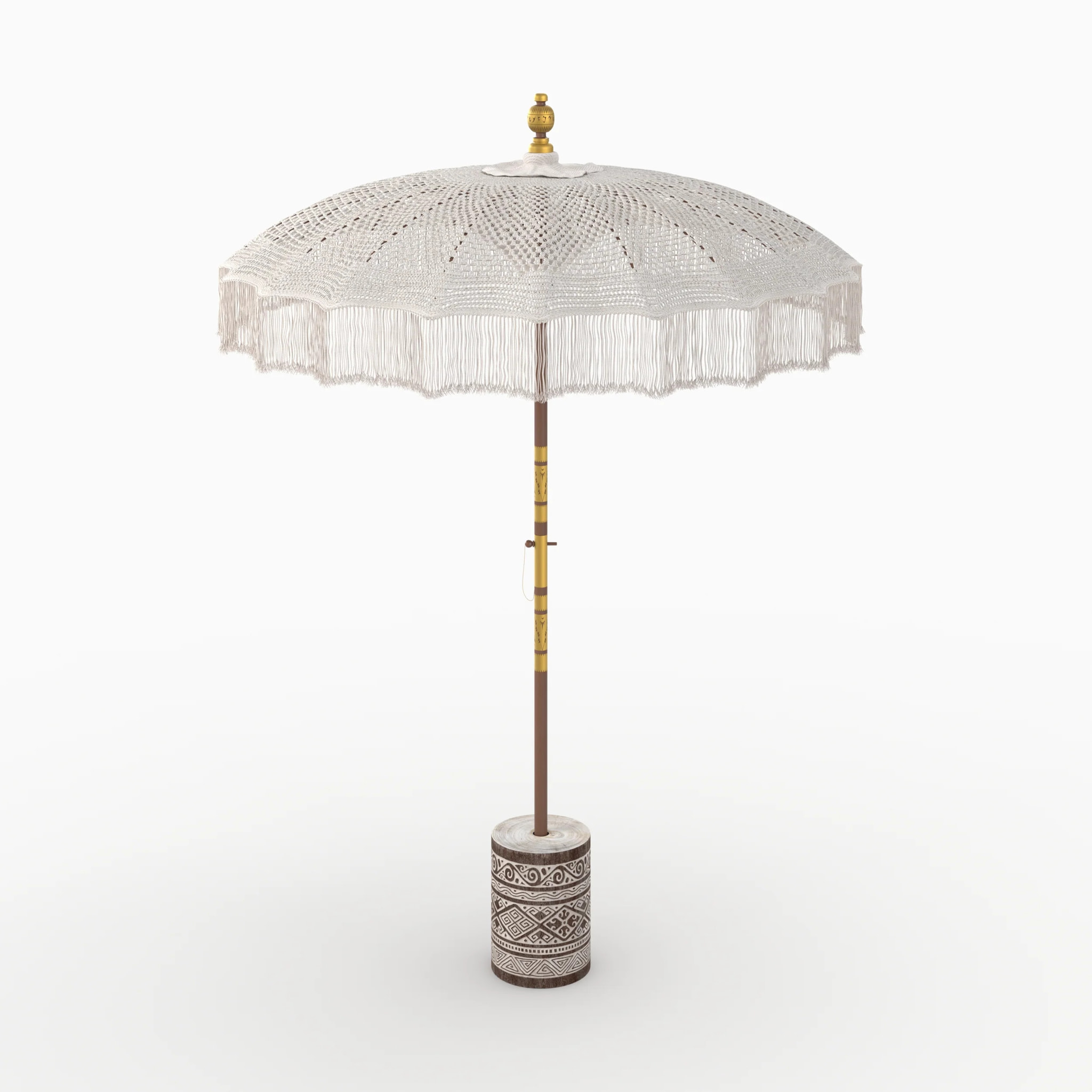 Ensemble parasol en macramé et pied de parasol en bois de suar - Fakélé
