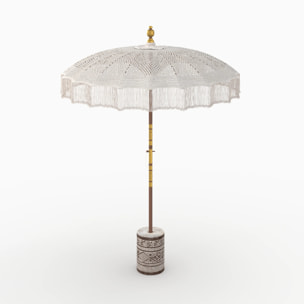 Ensemble parasol en macramé et pied de parasol en bois de suar - Fakélé