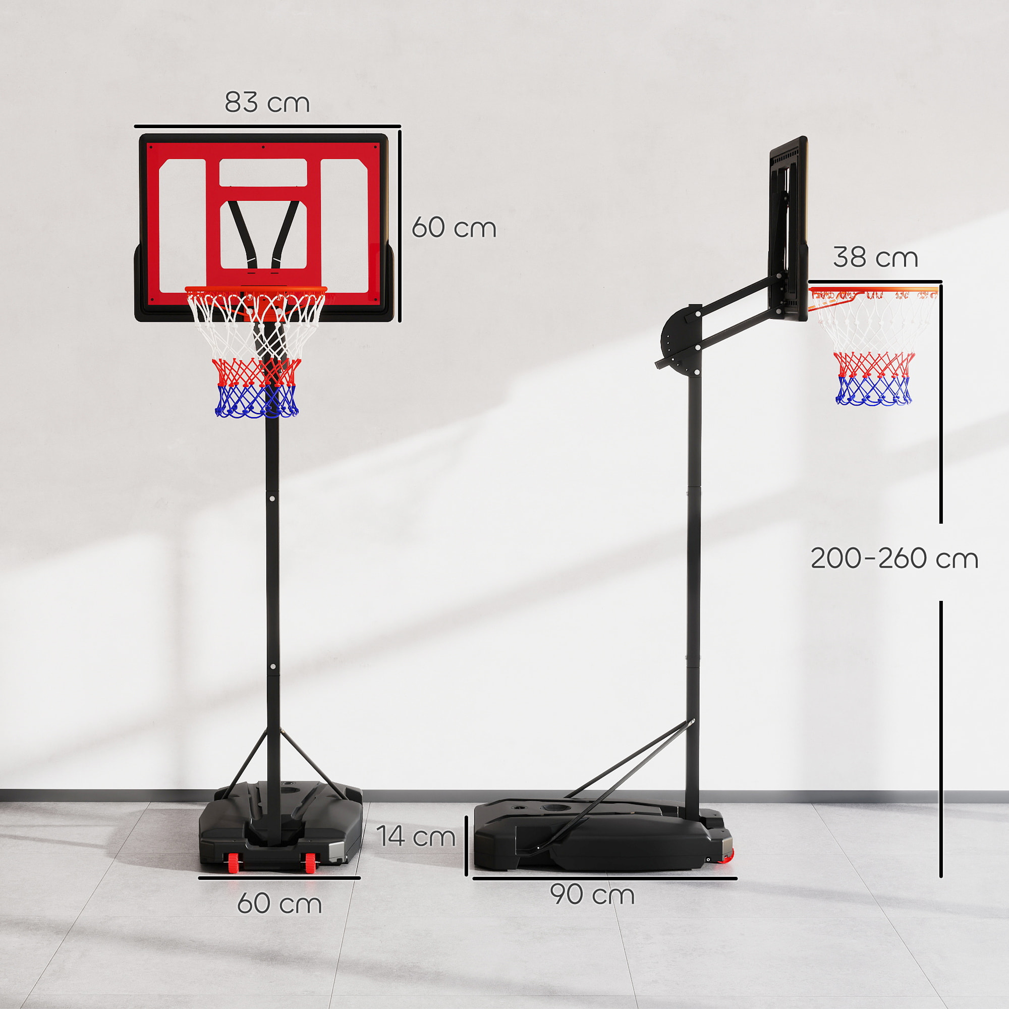 Canasta de Baloncesto Infantil con Altura Ajustable 200-260 cm Canasta de Baloncesto Exterior Portátil con Ruedas Base Rellenable y Bolsa de Peso Rojo y Negro