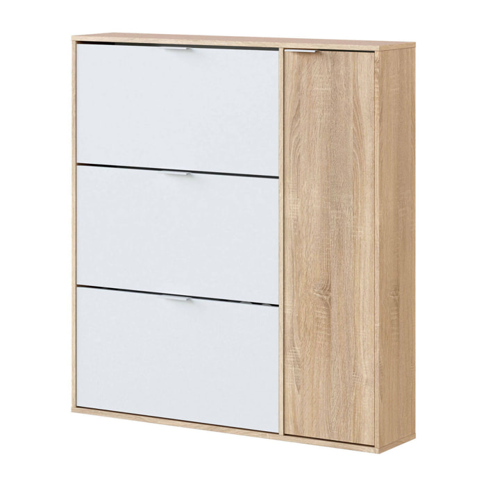 Scarpiera Provo, Armadio portascarpe a 4 ante, Mobile basso multiuso con 5 ripiani, Scarpiera moderna, cm 106x22h115, Rovere e Bianco