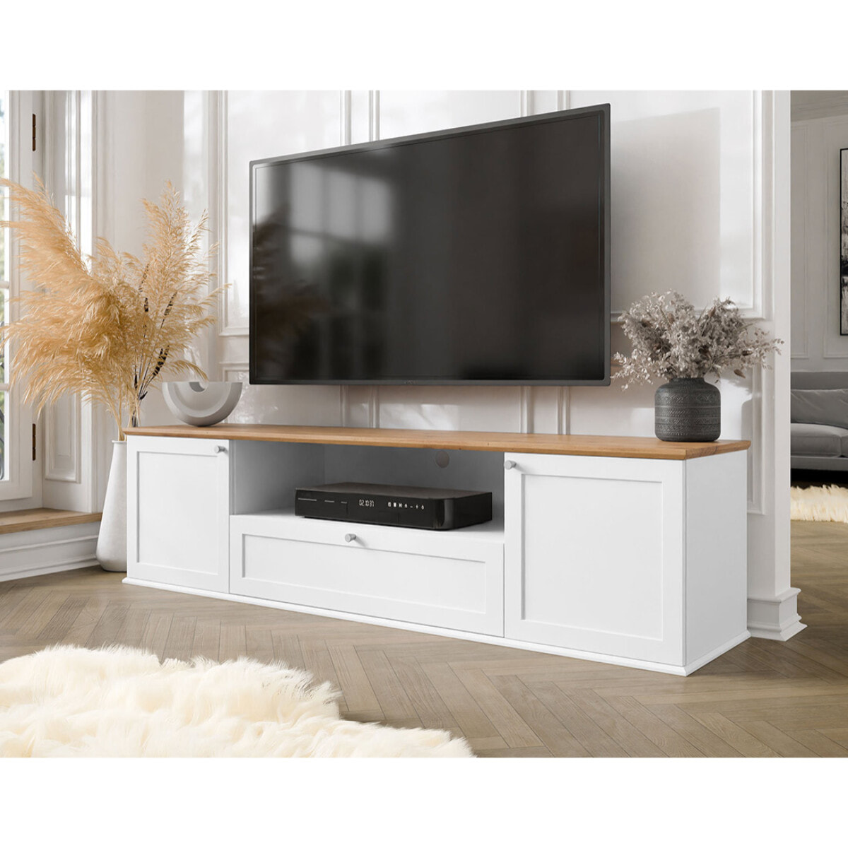 Francesco - meuble tv - effet bois et blanc - 2 portes, 1 tiroir et 1 niche - 182 cm - Bois / Blanc