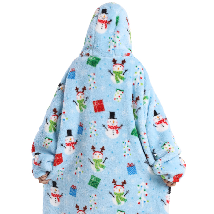 Accappatoio stile felpa e coperta in pile extra morbido. Triplo tascone frontale tipo kangaroo. Design natalizio blu tipo corto.