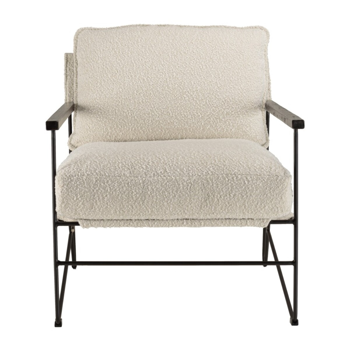 GASTON - Fauteuil tissu écru 1 coussin structure métallique noire, accoudoirs en bois