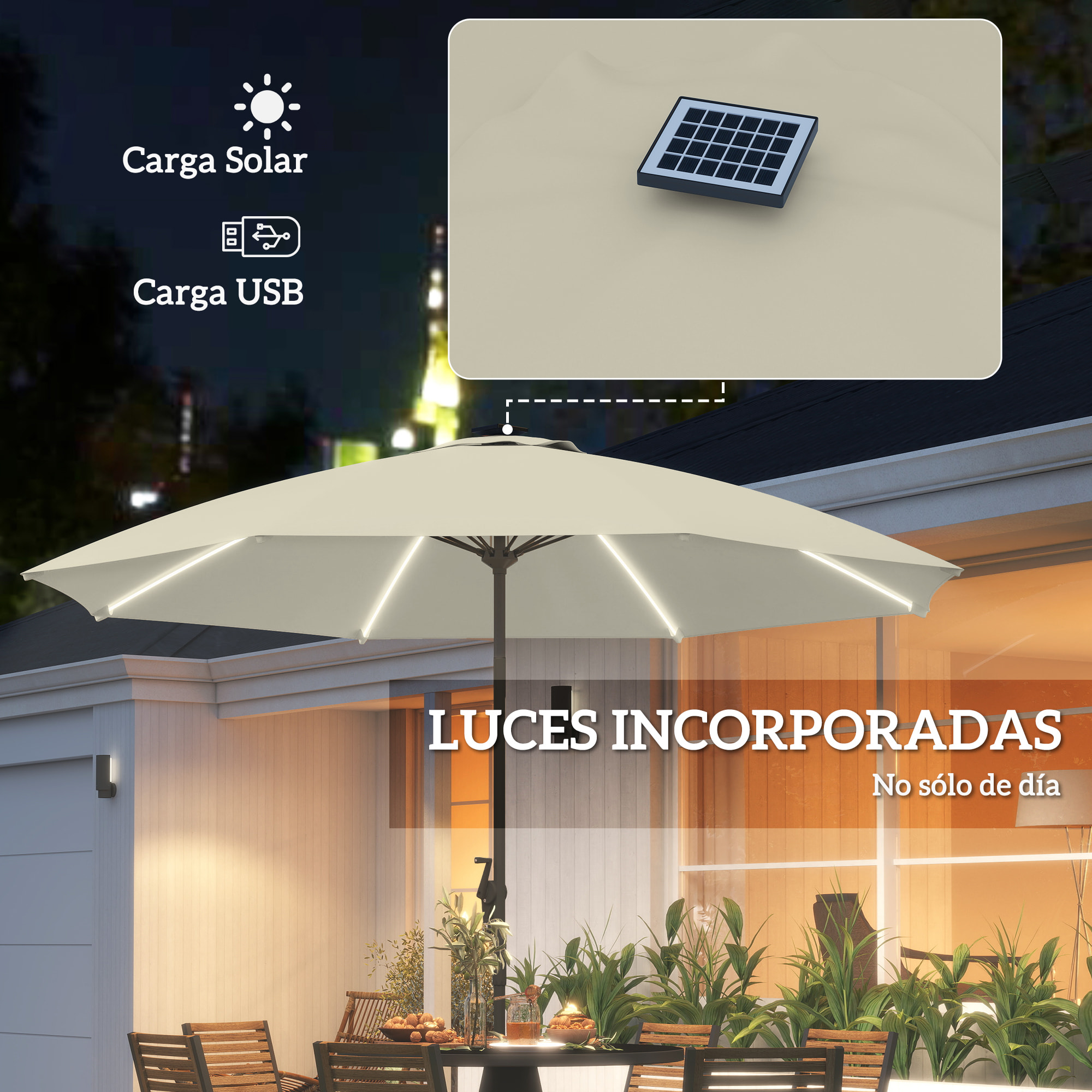 Sombrilla Terraza Exterior con Luces LED Ø300x256 cm Sombrilla de Jardín con Manivela Techo de Ventilación Protección UV50+ y Poste de Aluminio Parasol para Patio Piscina Playa Crema