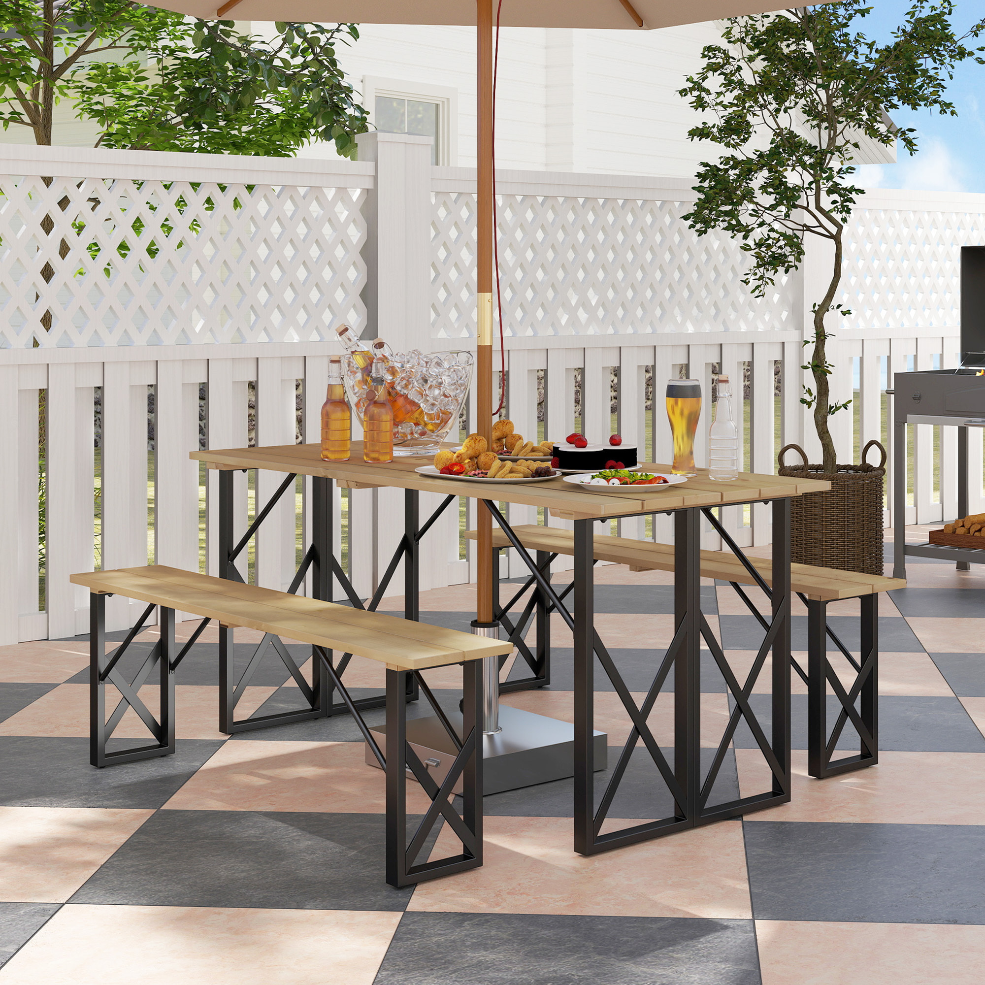 Ensemble table et 2 bancs en bois 6 personnes - table 160 cm avec espace parasol - acier épicéa