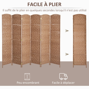 Paravent séparateur de pièce pliable 6 panneaux dim. 270L x 180H cm bois osier tressé