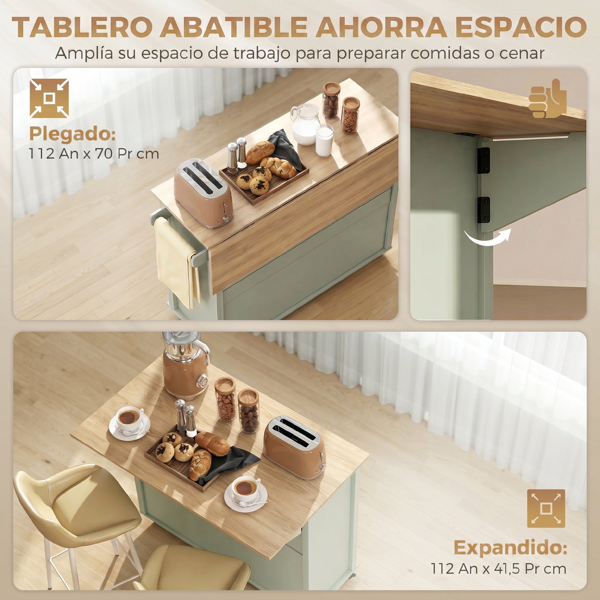 Isla de Cocina con Tablero Plegable y Ruedas, Mueble Auxiliar de Cocina con Especiero, Toallero, Armario, 2 Cajones, Estantes Abiertos, 117,5x70x91 cm, Verde Claro