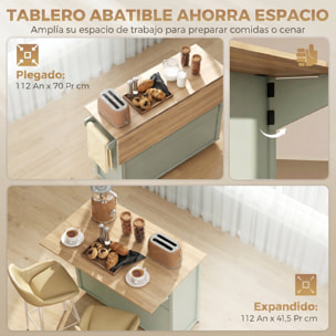 Isla de Cocina con Tablero Plegable y Ruedas, Mueble Auxiliar de Cocina con Especiero, Toallero, Armario, 2 Cajones, Estantes Abiertos, 117,5x70x91 cm, Verde Claro