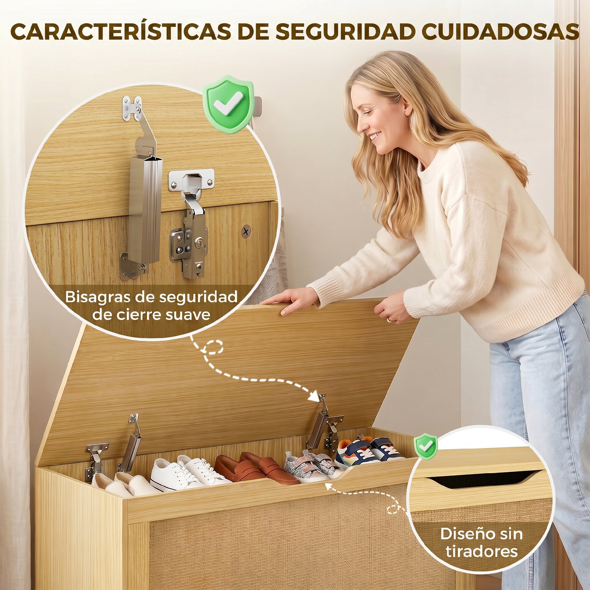Baúl de Almacenaje 108L, Banco de Almacenaje con Panel de Ratán, Tapa Elevable, Brazos de Soporte, Diseño Sin Tiradores, para Recibidor, Pasillo, Dormitorio, Salón, 80x40x45 cm, Roble