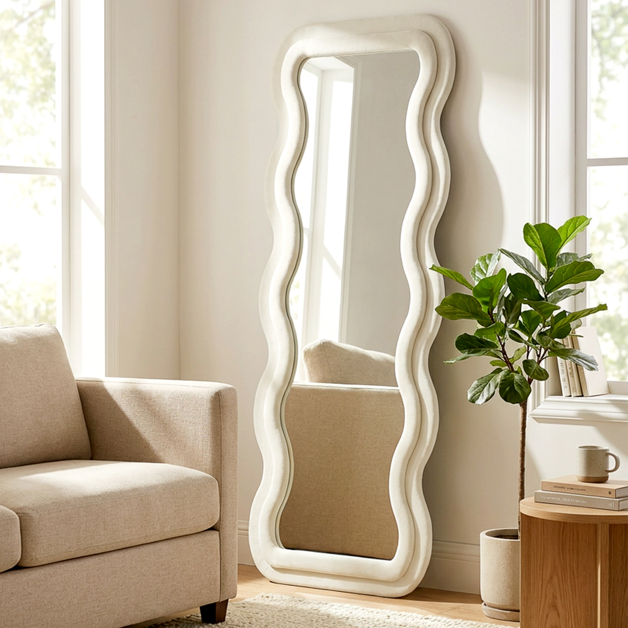 Miroir sur pied pleine longueur design ondulé velours blanc crème