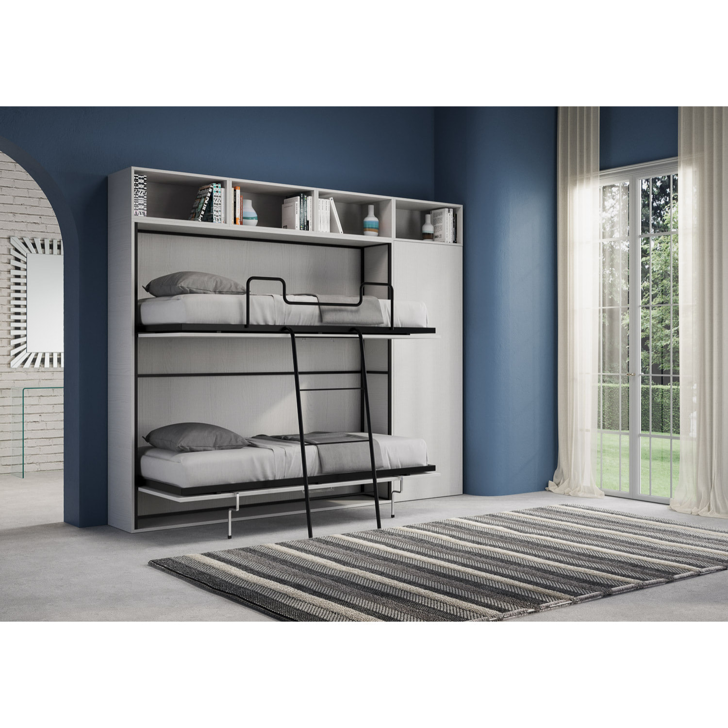 Armoire lit escamotable horizontal superposé 2 couchages 85 Kando avec matelas composition I Frêne Blanc