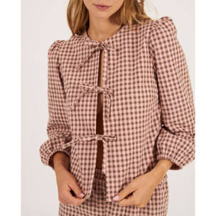 Camiseta de pijama de mujer de cuadros con lazadas