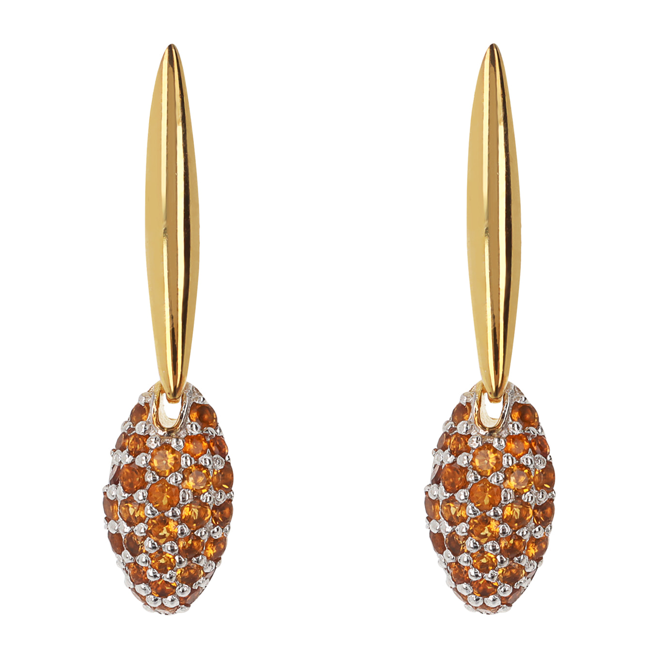 Orecchini Pendenti in Argento 925 placcato Oro Giallo 18Kt con Asta Lucida ed Elemento Pavé in Cubic Zirconia Arancione