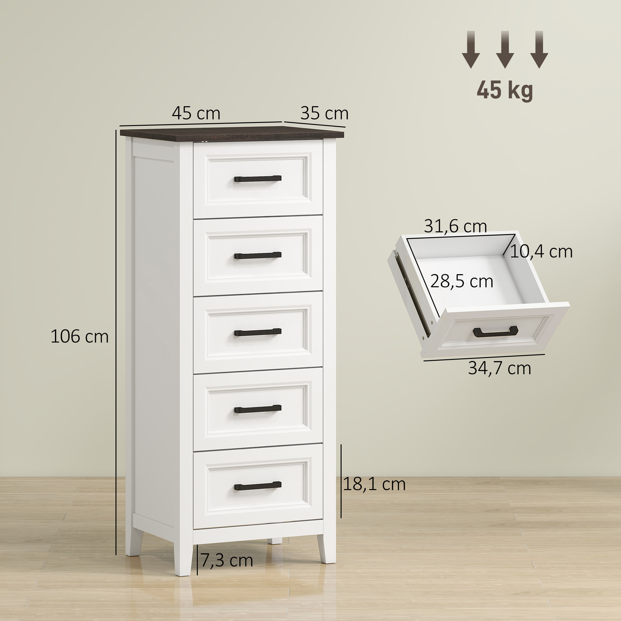 Cómoda 5 Cajones, Cómoda Dormitorio Estrecho y Alto con Encimera Efecto Madera, Cajonera para Espacios Pequeños, Salón, Oficina, 45x35x106 cm, Blanco