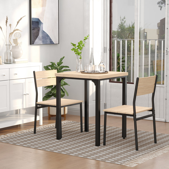 Table avec 2 chaises style industriel acier noir MDF coloris bois de chêne