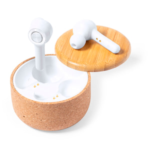 Cuffie Bluetooth in sughero naturale e bambù. Batteria 30 mAh/Base di ricarica 300 mAh.