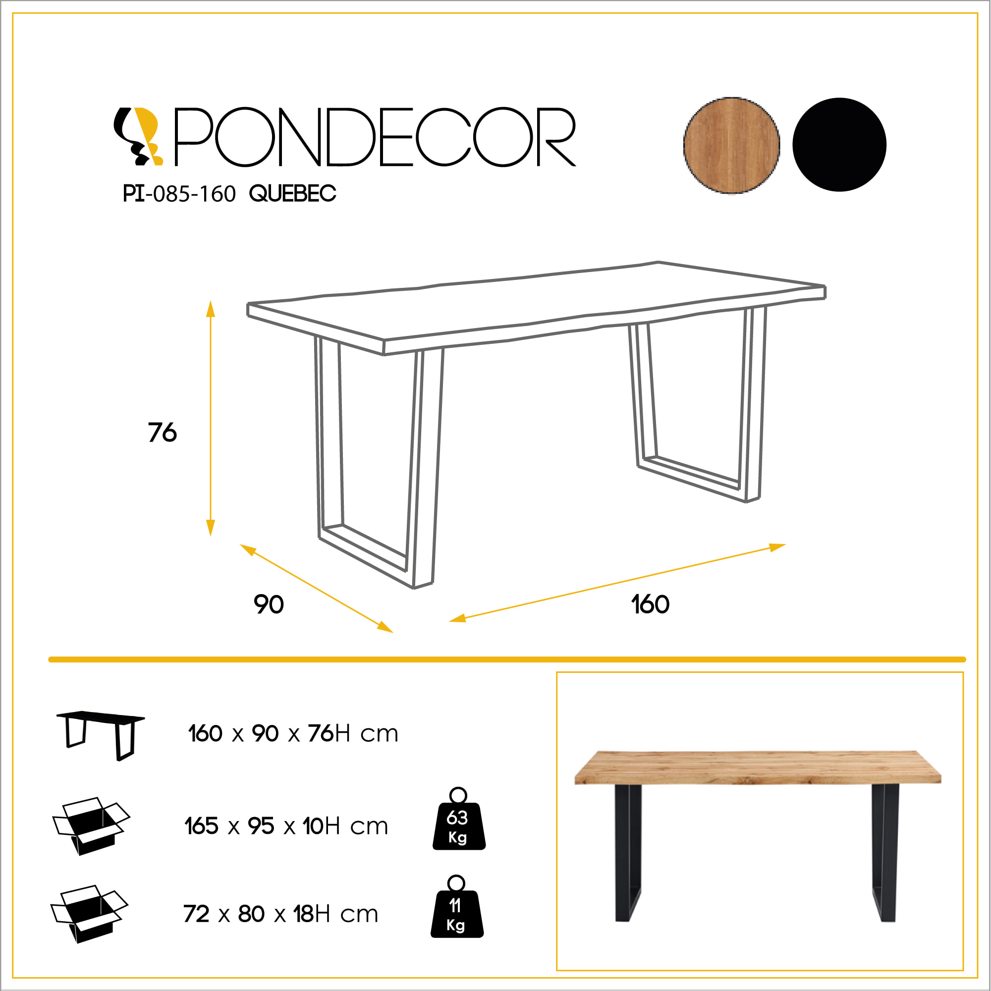 Mesa de comedor fija QUEBEC - roble rústico, negro - 160x90x76cm