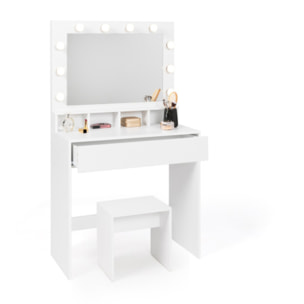 Coiffeuse Zita blanche avec miroir LED, niches, 1 tiroir et tabouret
