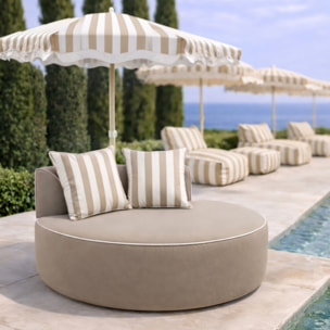 Fauteuil d'extérieur rond en tissu taupe et coussin à rayure NINO