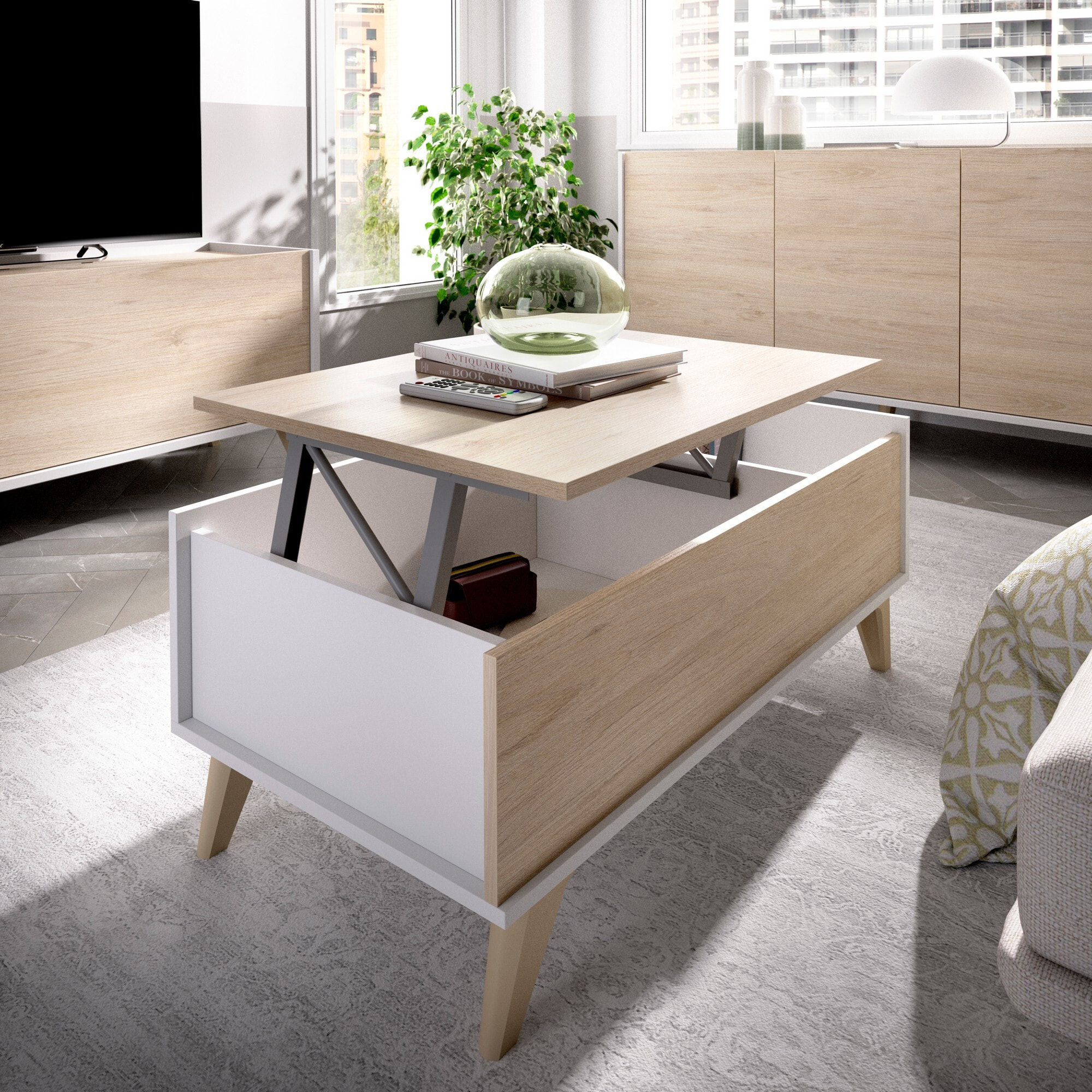 Tavolino da salotto Alexius, Porta riviste da soggiorno con vano portaoggetti, Tavolo basso da caffè elevabile, 99x60h41 cm, Rovere e Bianco