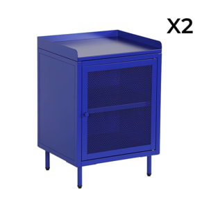 Lot de 2 tables de chevet industrielles métal bleu 1 porte grillagée. 40 x 37 x 58.5 cm - Ohio