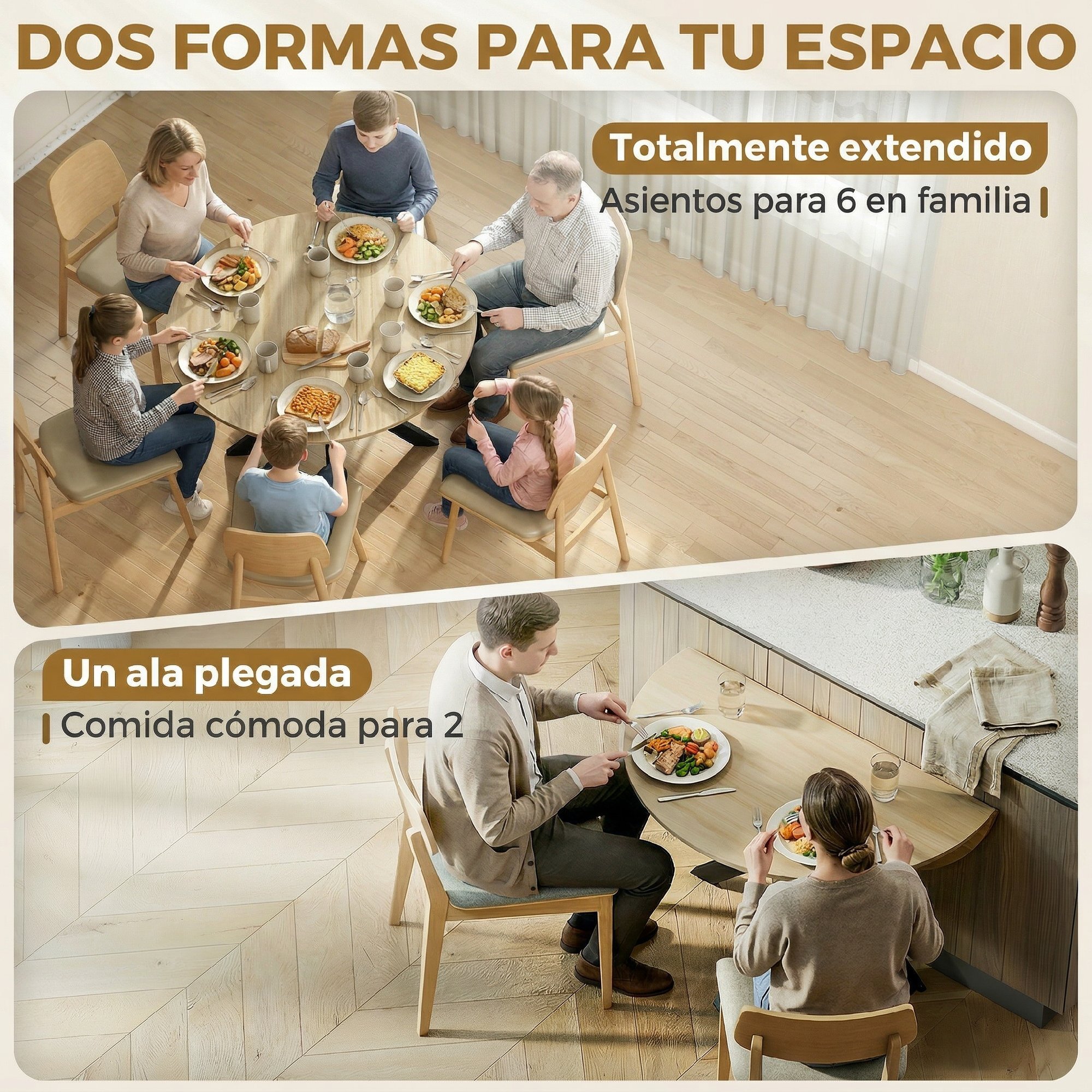 Mesa Plegable de Comedor, Mesa de Cocina Plegable Redonda, para 2-6 Personas, con Ala Abatible, Marco de Acero Doble X, para Salón, Espacio Pequeño, Ø110x76 cm, Natural