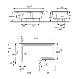 Pack baignoire bain douche antidérapante 170 x 90 Neo blanc mat - v.gauche + pare bain chromé + tablier