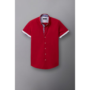 Camicia Uomo Manica Corta 2 Bottoni Button Down 7 Botto Popeline Stretch Unito Rosso