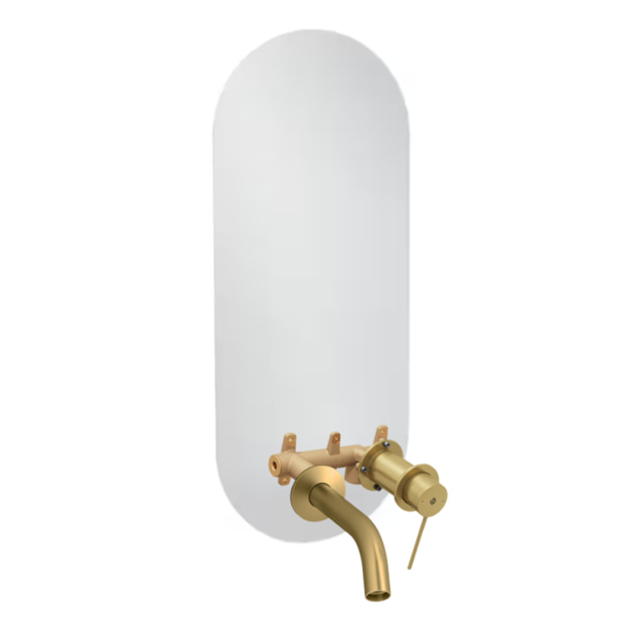 Miroir LED ovale 2 trous + mitigeur lavabo encastré Grands Boulevards Laiton brossé + corps encastré