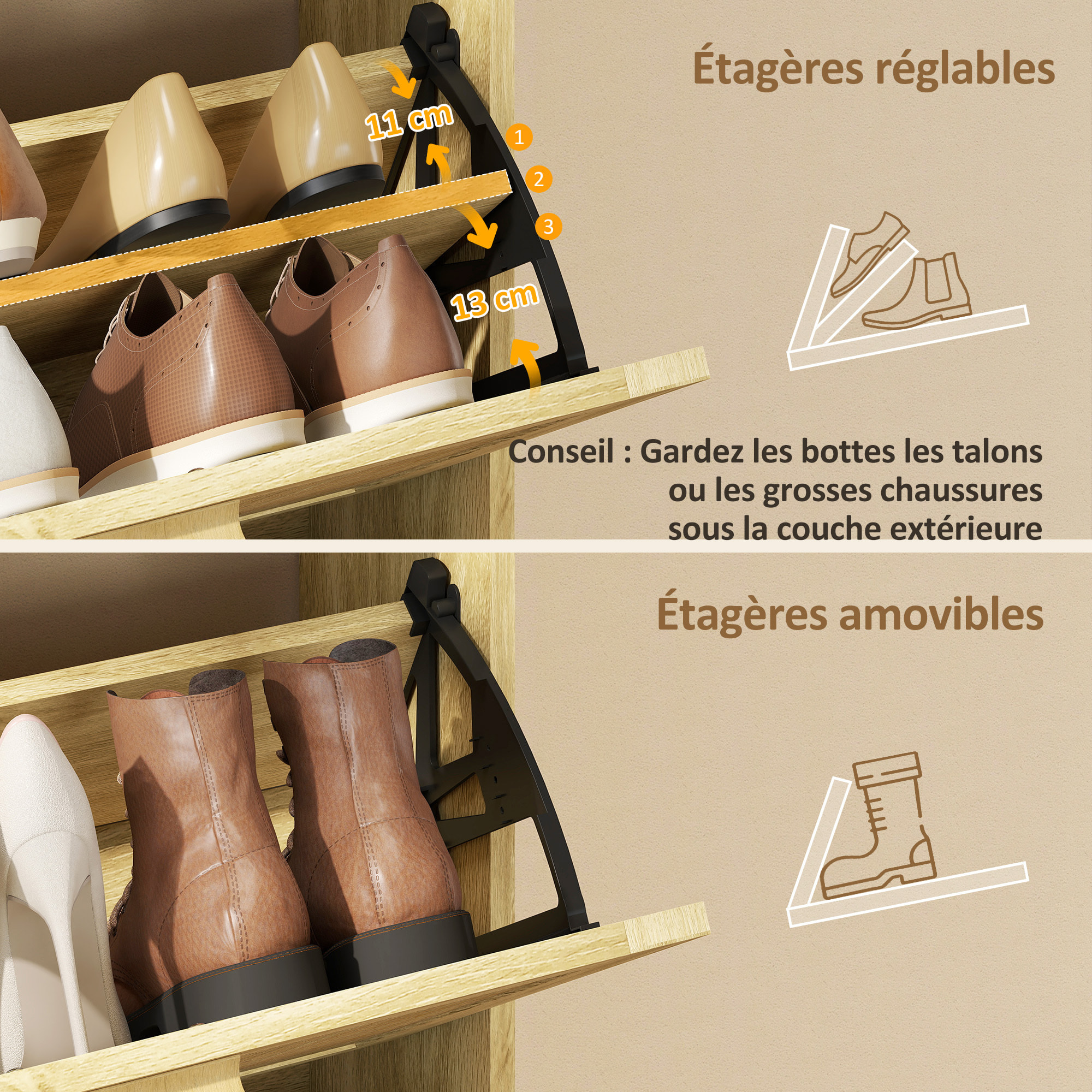 Meuble à chaussures style bohème chic - 3 portes abattantes, étagère - cannage rotin aspect bois clair