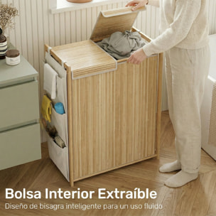 Cesto de Ropa Sucia con Tapa, 120L, Cesta Ropa Sucia de Bambú con 2 Compartimentos, Bolsas con Cordón Extraíbles y Lavables, Bolsillos Laterales, para Lavandería, 63x33x78 cm, Natural