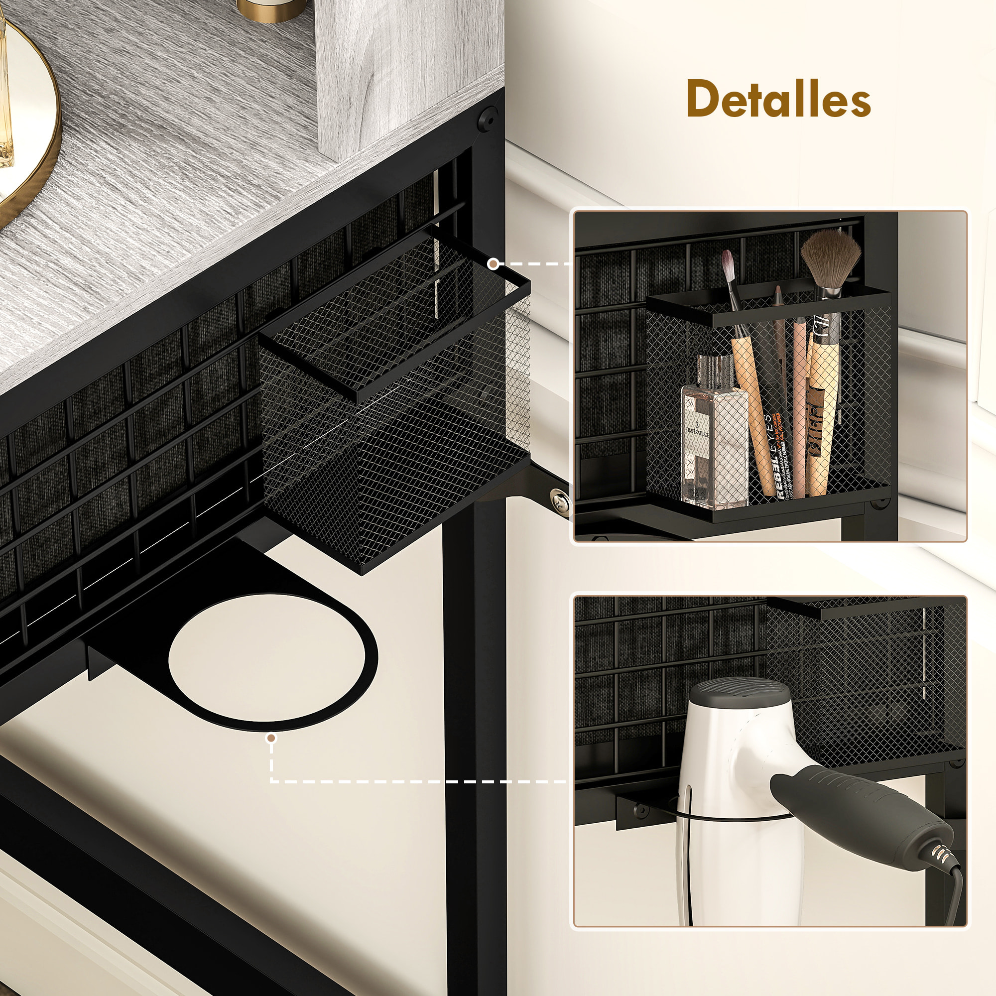 Tocador de Maquillaje con Espejo Tríptico Desmontable, Tocador con Taburete, 3 Cajones de Tela, Estantes, Soporte para Secador de Pelo, Cesta Metálica, para Dormitorio, Vestidor, Gris