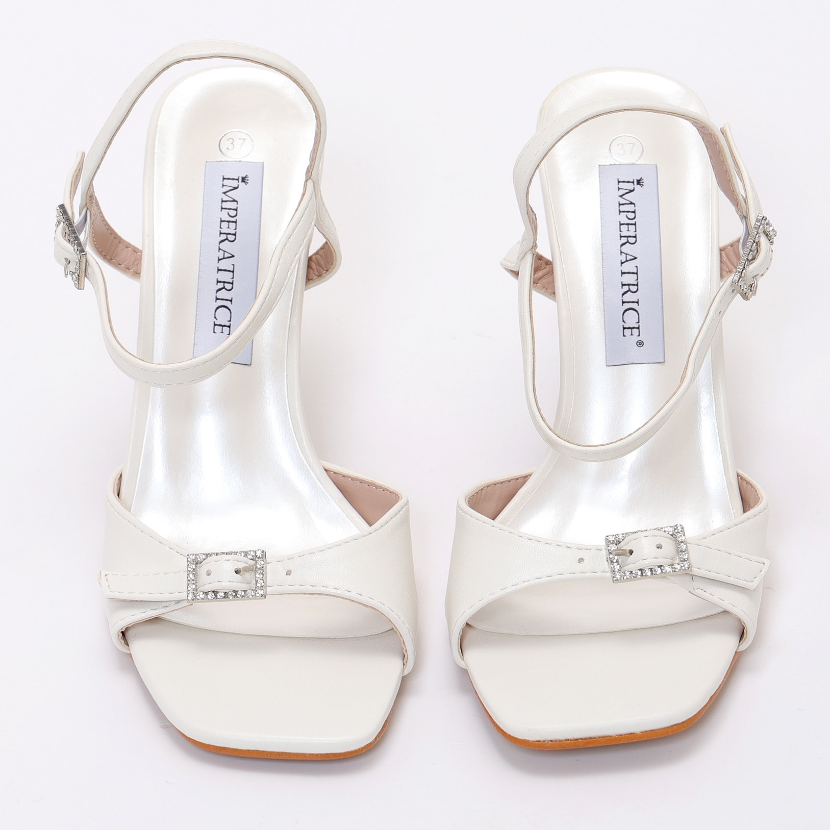 Sandali in simil pelle con tacco e dettaglio fibbia strass