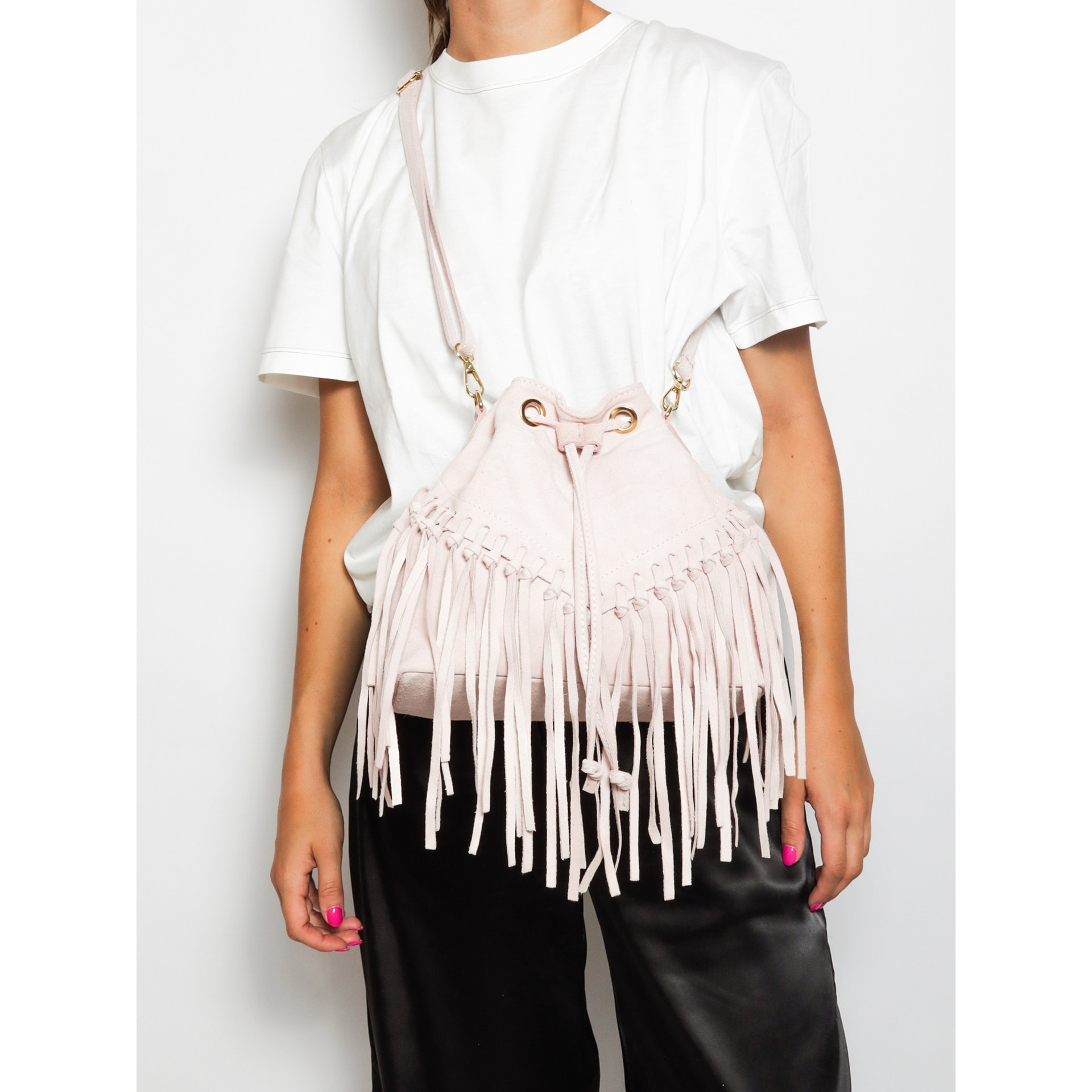 Borsa a secchiello da donna Made in Italy - Modello Umbria Plus - Pelle scamosciata - 25.0 x 22.0 x 13.0 cm