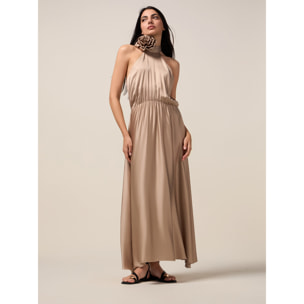 Oltre - Vestito lungo in raso con fiore - Beige