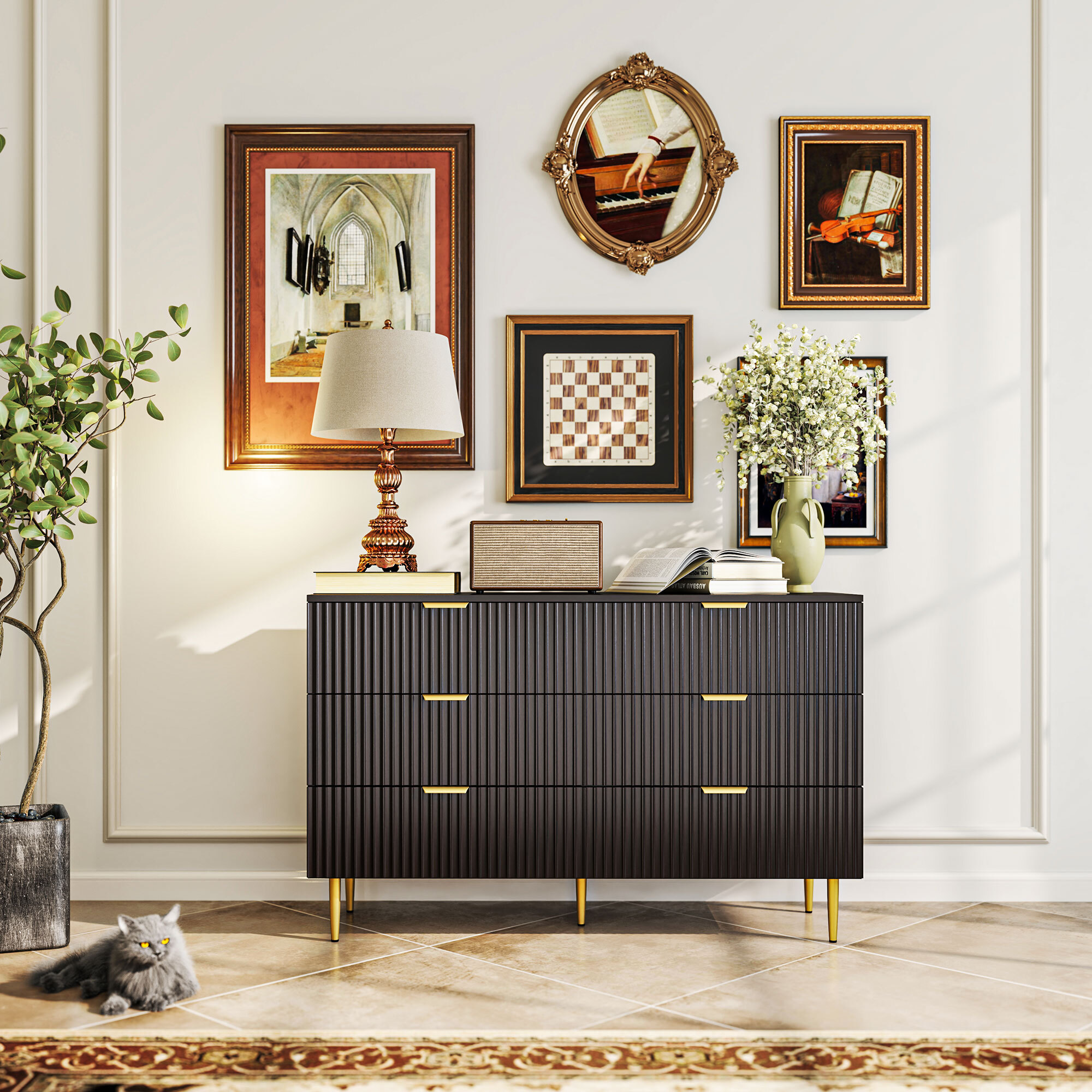 Commode 6 tiroirs design effet cannelé piètement poignées métal doré noir